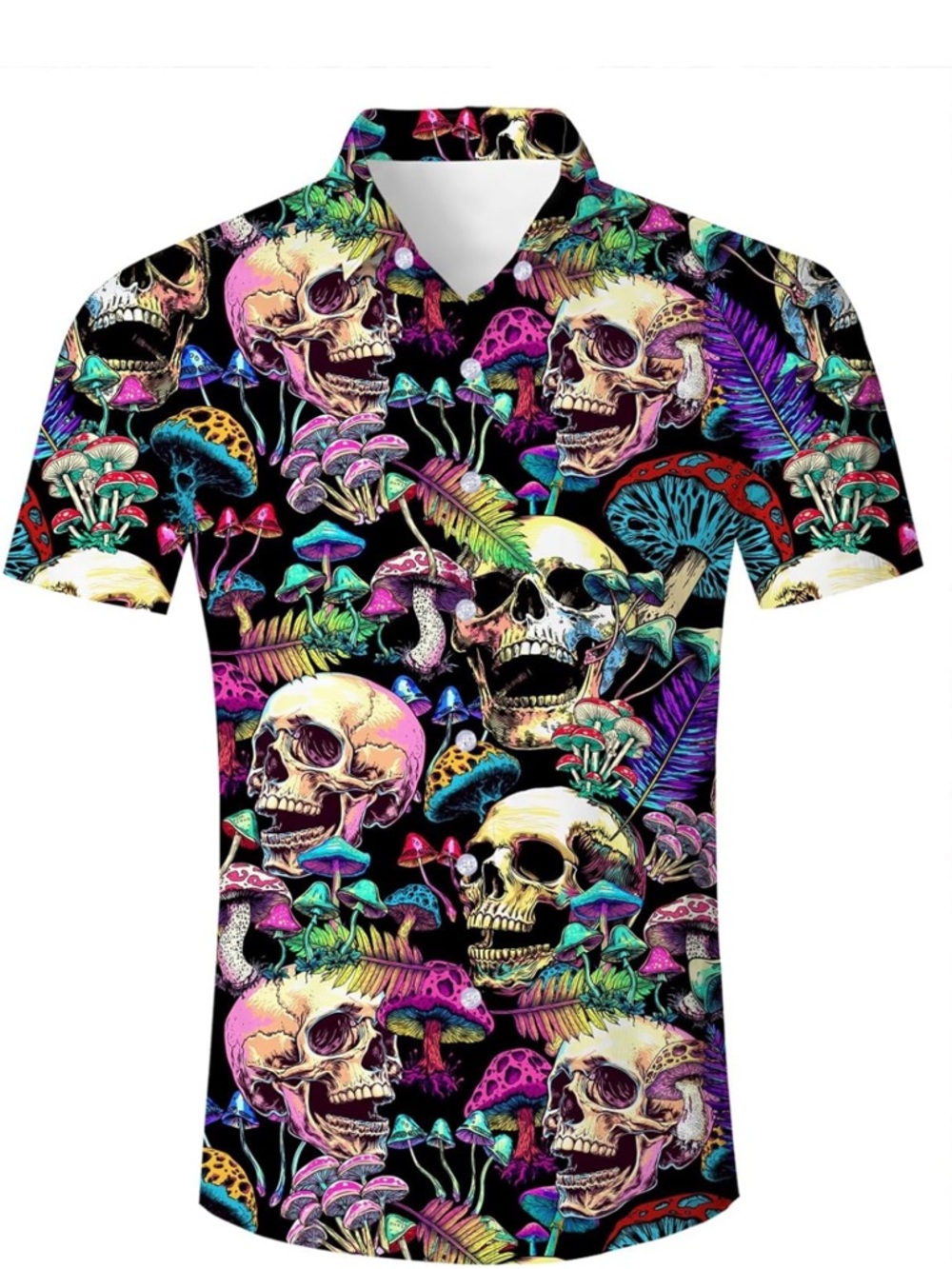 Men's Black Skull & Neon Mushroom Short Sleeve Button-Down Shirt